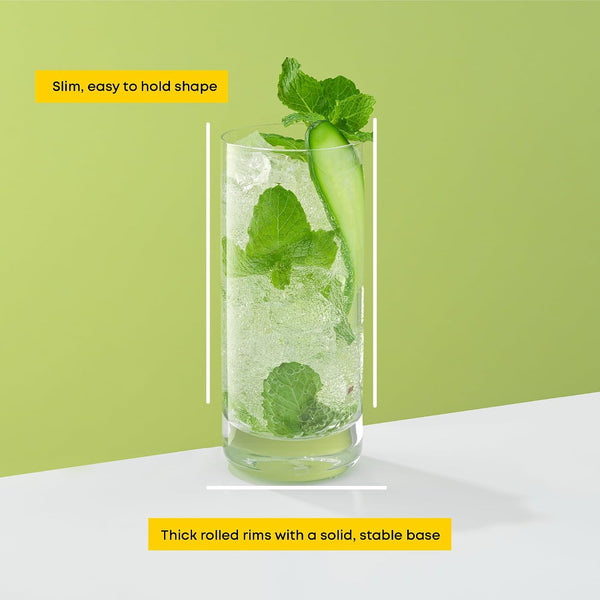 JoyJolt Faye 13oz Highball Glasses, 6pc Tall Glass Sets. Lead-Free Crystal Drinking Glasses. Water Glasses, Mojito Glass Cups, Tom Collins Bar