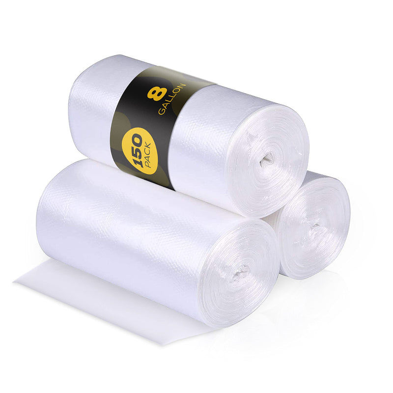 8 Gallon Trash Bags – 150 Small To Medium Garbage Bags | 24" x 24" Clear Waste Basket Trash Bags | Commercial Bulk Plastic Bathroom Trash Can