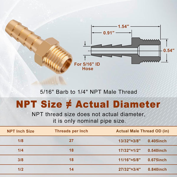 5pcs Brass Hose Barb Fittings 5/16 Inch Barb to 1/4 Inch NPT Male Thread Air Hose Fittings Adapter Connector Water Fuel Air Line Fittings 5/16” ×