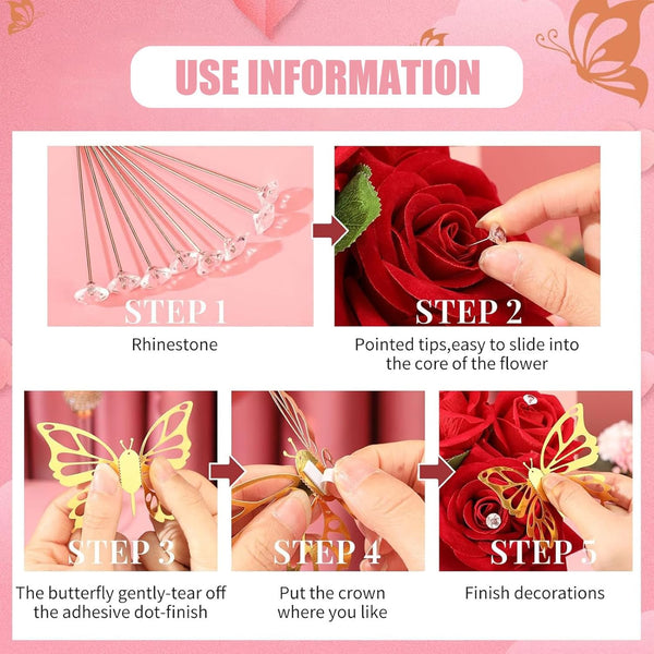 Flower Bouquet Accessories Including 4Pcs Crown Cake Topper Mini Tiara,12 Butterfly Decorations and 50Pcs Bouquet Pins for Birthday Wedding Silver