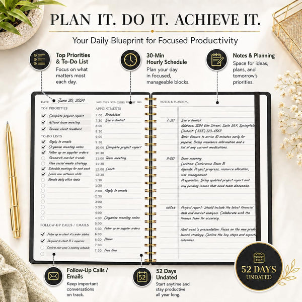 Daily Planner Undated - Simplified To Do List Notebook with Hourly Schedules, Spiral Appointment Organizer, 5.5" x 8.5", Easily Manage Your Tasks