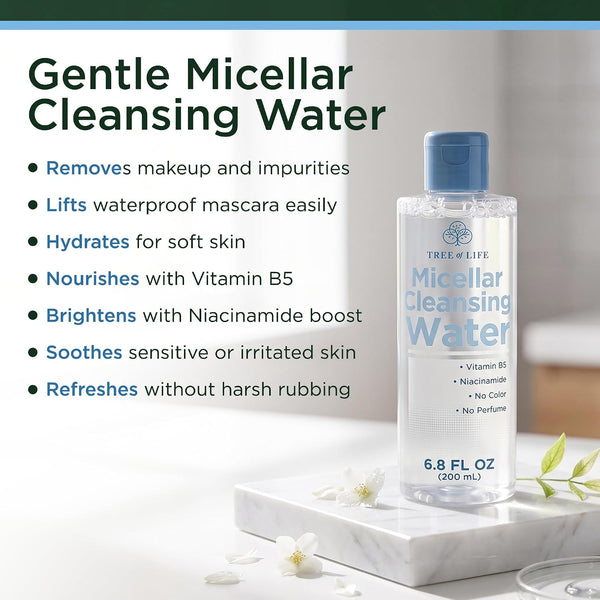 Tree of Life Beauty Micellar Cleansing Water (6.8Fl Oz) - Micellar Water Makeup Remover with Niacinamide, Vitamin B5, Glycerin - Eye Makeup