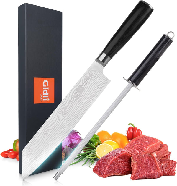 Gidli 8 Inch Chef Knife with Diamond Sharpener - Sharp German Carbon Stainless Steel Kitchen Knife for Precision Cutting - Ergonomic Wooden Handle