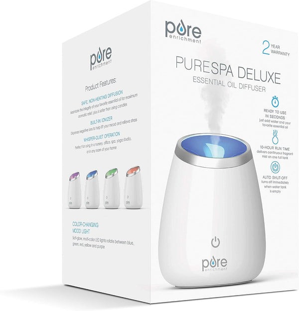Pure Enrichment PureSpa Deluxe Ultrasonic Aromatherapy Oil Diffuser - 120ml Water Tank, Mood-Boosting Ionizer and Optional Color-Changing Light -