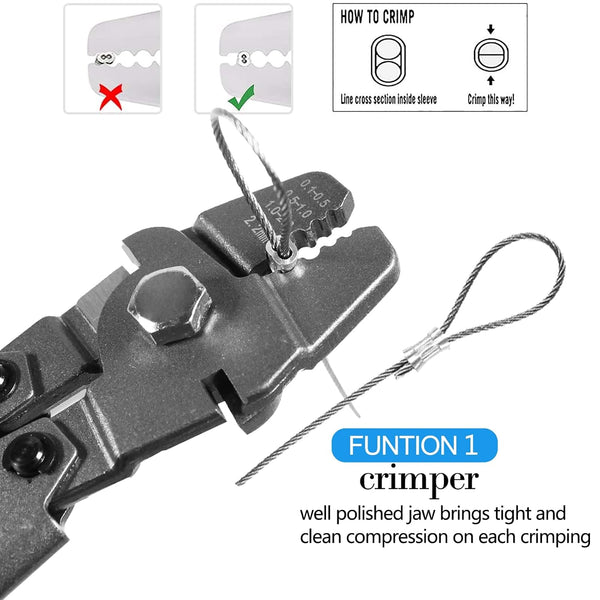 Wire Rope Crimping Tool Kit, with 1/16-304 Stainless Steel Cable 165 Ft (7X7 Strand Core), 100 Cable Ferrule Aluminum Loop Sleeve Stops