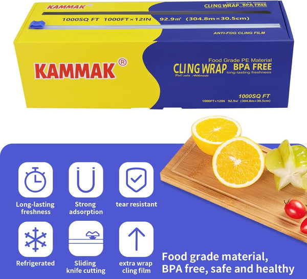 KAMMAK Plastic Wrap with Slide Cutter - 12 Inch Food Service Cling Film Roll - Clear Refillable Stretch Film - 1000 SQ FT Wrap - Bulk Quick Cut