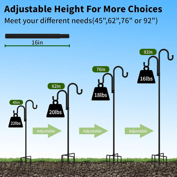 Double Shepherds Hooks for Outdoor, Bird Feeder Pole with 5 Prongs Base, Heavy Duty Garden Hook for Lantern, Wind Chime and Hummingbird Feeder, 45