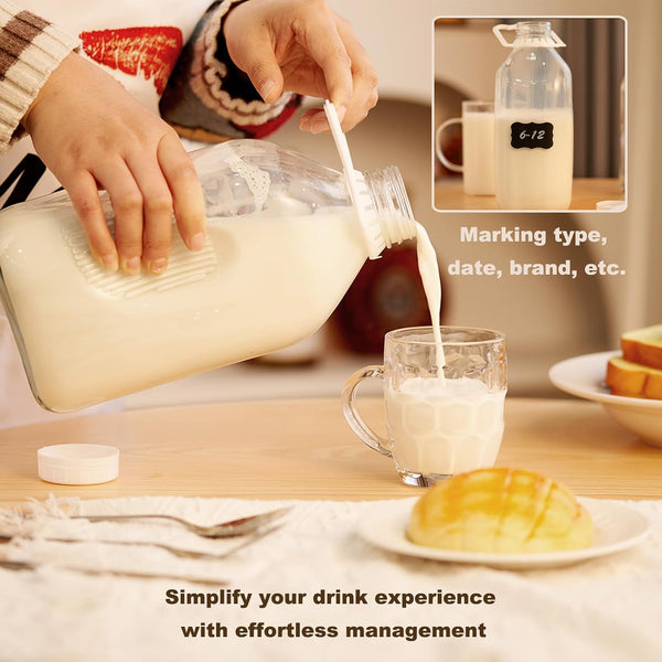 FyndraX Glass Milk Jugs Bottle - 64Oz Water Container with Airtight Screw Lid, Half Gallon Juice Jar Pitcher for Storage Iced or Hot Drinks in