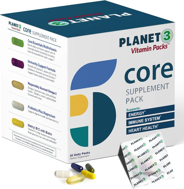 Planet 3 Vitamin Packs with Core Supplements | Heart, Eye and Immune Support with Elderberry Vitamin C and Zinc, Multivitamin, Omega 3, Vitamin D,