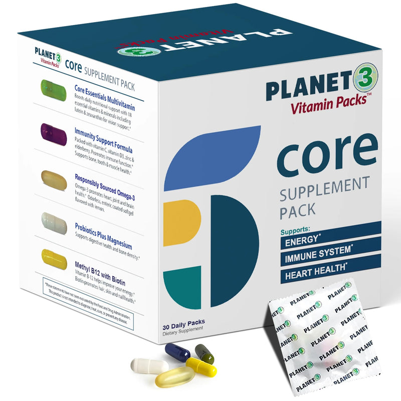 Planet 3 Vitamin Packs with Core Supplements | Heart, Eye and Immune Support with Elderberry Vitamin C and Zinc, Multivitamin, Omega 3, Vitamin D,