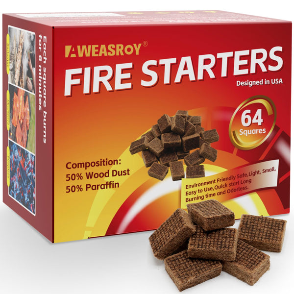 Fire Starter Squares 64 - Fire Starters for Fireplace,Chimney,BBQ Grill,Camping Fire,Wood Stove - Water Resistant and Safe Odourless - Camping