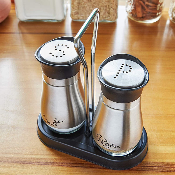 Juvale Stainless Steel Salt and Pepper Shakers Set with Holder, Refillable, Clear Glass Bottoms, Screw-Off Perforated "S" and "P" Caps for Kitchen