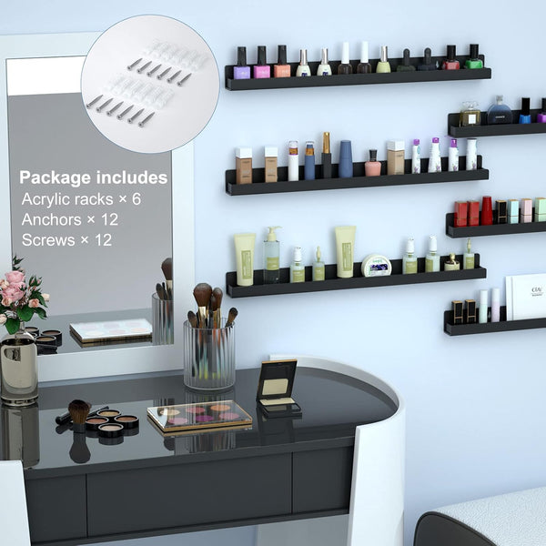 FEMELI Nail Polish Wall Rack, 6 Shelves Acrylic Organizer (15 Inch, Black) | Acrylic Nail Polish holder wall for 66-90 Bottles, Multi-Purpose