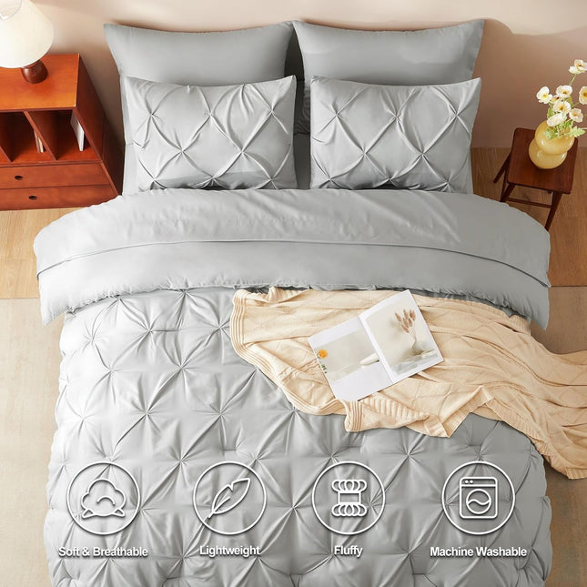 Cozylux King Size Comforter Set Light Grey, 7 Pieces Pintuck Bed in a Bag Gray C