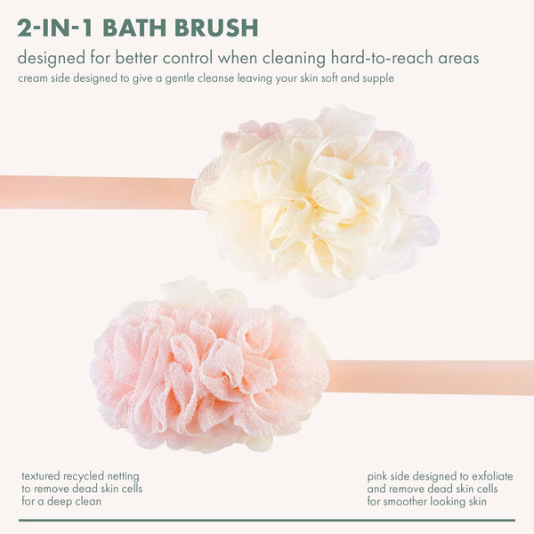EcoTools 2-in-1 EcoPouf Bath Brush, Loofah Brush for Bath & Shower, with Long Handle & Recycled Netting for Cleansing & Exfoliating, Back Brush