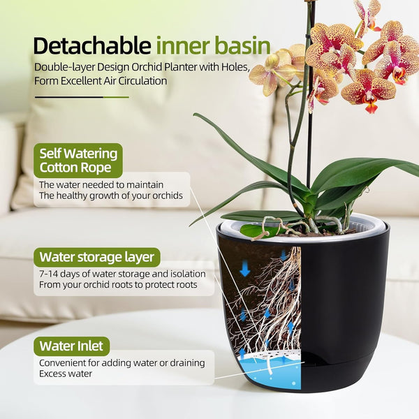 QCQHDU 2 Pack 5.7 Inch Orchid Pots with Holes for Repotting, Double-Layer and Self Watering Orchid Pot with Good Air Circulation Black 2packs 5.7IN