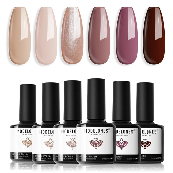 modelones Gel Nail Polish Set -6 Colors Nude Brown Gel Polish Kit Neutral Raspberries Purple Pearl Glitter Nail Polish Soak Off LED Starter Kit