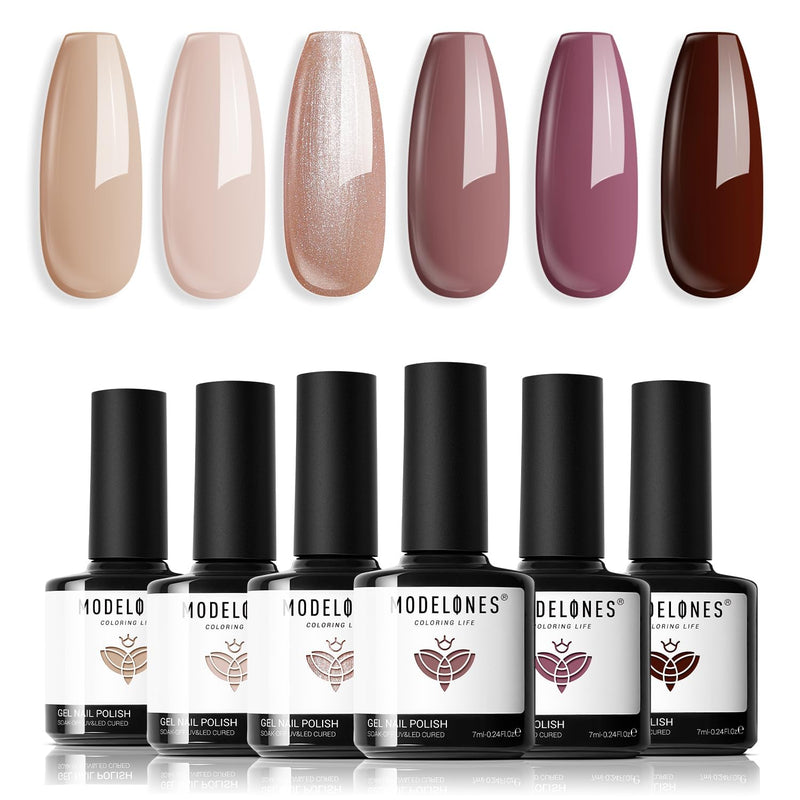 modelones Gel Nail Polish Set -6 Colors Nude Brown Gel Polish Kit Neutral Raspberries Purple Pearl Glitter Nail Polish Soak Off LED Starter Kit