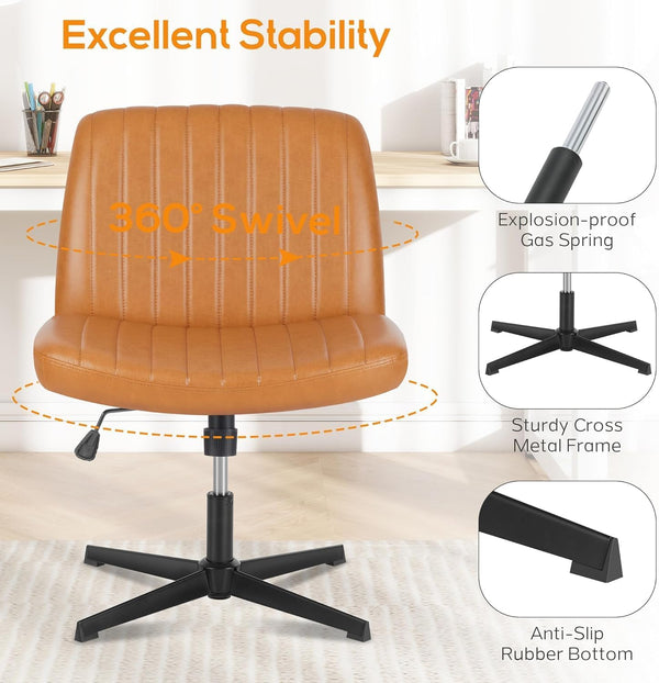 DUMOS Criss Cross Chair No Wheel Legged Office Wide Comfy Desk Vanity Chair, Armless Computer Task Seating PU Leather, Swivel Home Height