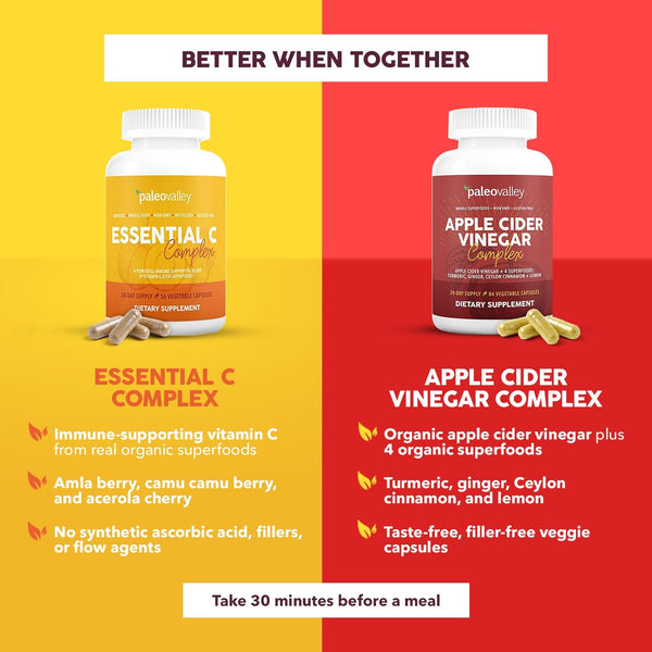 Paleovalley Essential C Complex - Vitamin C Supplement for Immune Support - 1 Pack, 450Mg - Organic Superfoods Unripe Acerola Cherry, Camu Camu,
