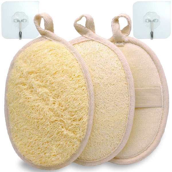 Natural Loofah Bath Exfoliation Body Scrubber, 3 Pack | Shower Sponge, Eco-Friendly Biodegradable, Exfoliating Scrubber, Women & Men, Beige