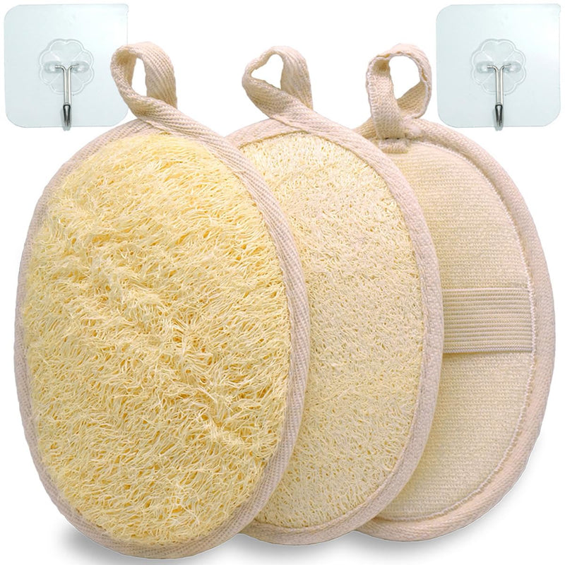 Natural Loofah Bath Exfoliation Body Scrubber, 3 Pack | Shower Sponge, Eco-Friendly Biodegradable, Exfoliating Scrubber, Women & Men, Beige