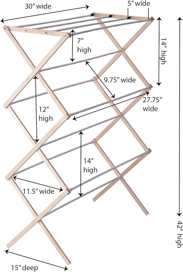 Household Essentials 5001 Collapsible Folding Wooden Clothes Drying Rack For Laundry | Pre Assembled Natural/White Birch