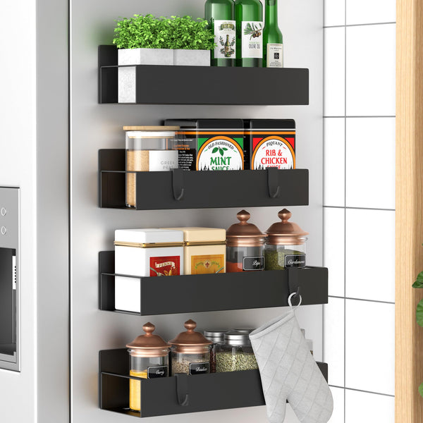 HuggieGems Metal 4 Pack Magnetic Spice Storage Rack Organizer for Refrigerator and Oven, Black Fridge Organizers and Storage, Metal 4 Pack Black