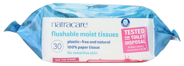Natracare Safe to Flush Moist Tissues, Made of 100% Paper and an Organic and Natural Formula with Aloe Vera and Witch Hazel (1 Pack, 30 Wipes Total)