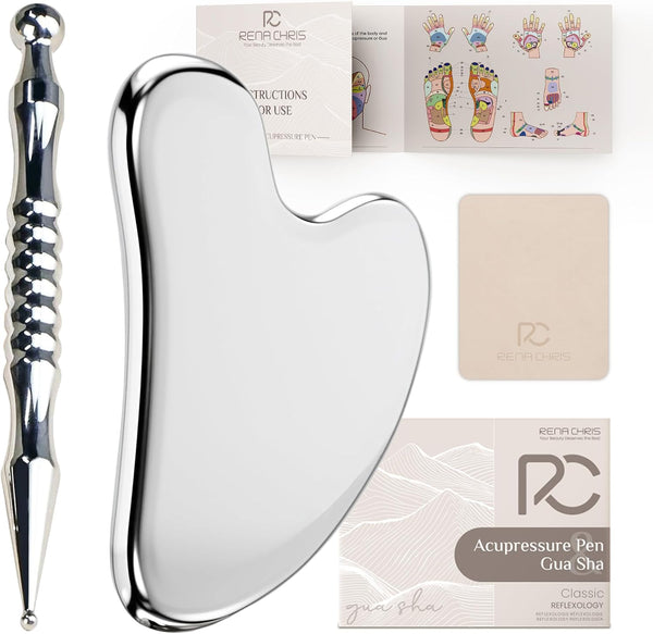 Rena Chris Stainless Steel Gua Sha and Acupuncture Pen, Manual Reflexology Tools for Muscle Tension and Pain Relief, Acupressure Pen and Gua Sha