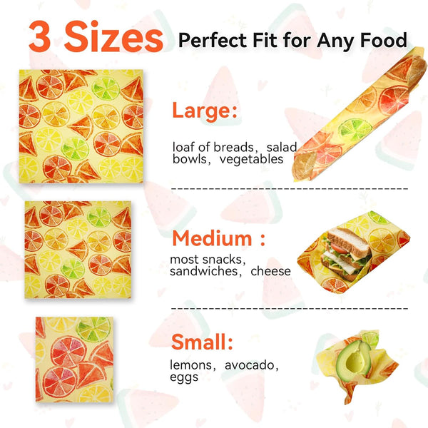 Beeswax Food Wraps Reusable 6-Pack - 3 Sizes + Elastic Storage Wraps for Containers | Reusable Beeswax Bowl Covers & Stretchable Food Wrap |