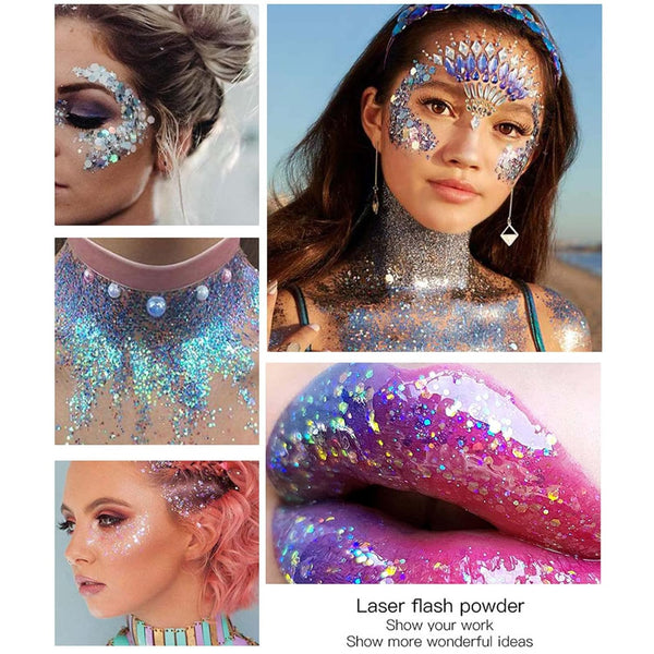 DAGEDA Body Glitter Gel, Face Glitter Body Gel Sequins Shimmer Liquid Eyeshadow, Chunky Glitter for Face Hair Nails, Holographic Cosmetic Laser