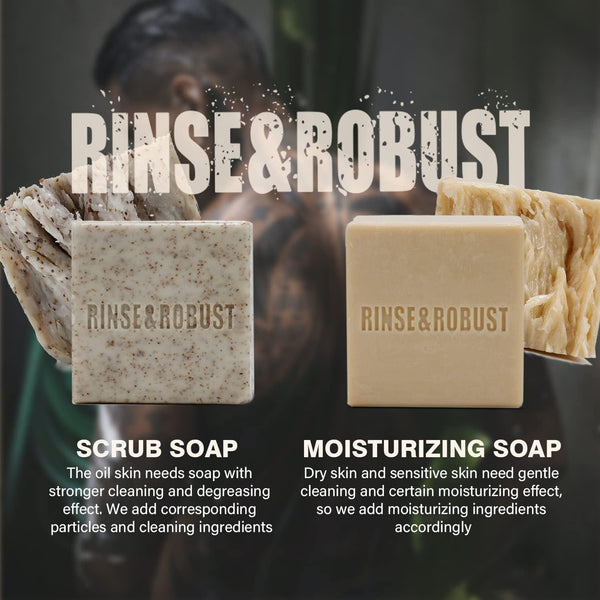 Rinse & Robust Mens Bar Soap 6Pcs Cleansing All Natural Handmade Mens Moisturizing&Exfoliating Oatmeal Scrub Soap Gift for Men Body&Hand All Skin