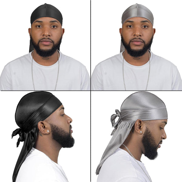 4PCS Silky Durags for Men Women 360 Waves with 1 Wave Cap, Silky Satin Durag Extra Long Tails Black Black Gray Gray