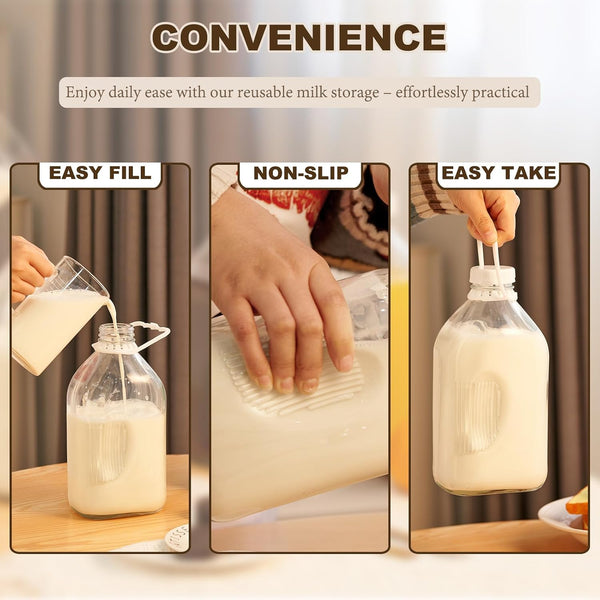 FyndraX Glass Milk Jugs Bottle - 64Oz Water Container with Airtight Screw Lid, Half Gallon Juice Jar Pitcher for Storage Iced or Hot Drinks in