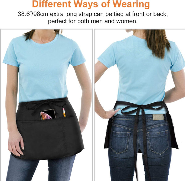 2 Pack Waitress Apron with 3 Pockets - Water & Oil Resistant - Black Waist Aprons for Servers - Half Aprons for Women - 12 Inch
