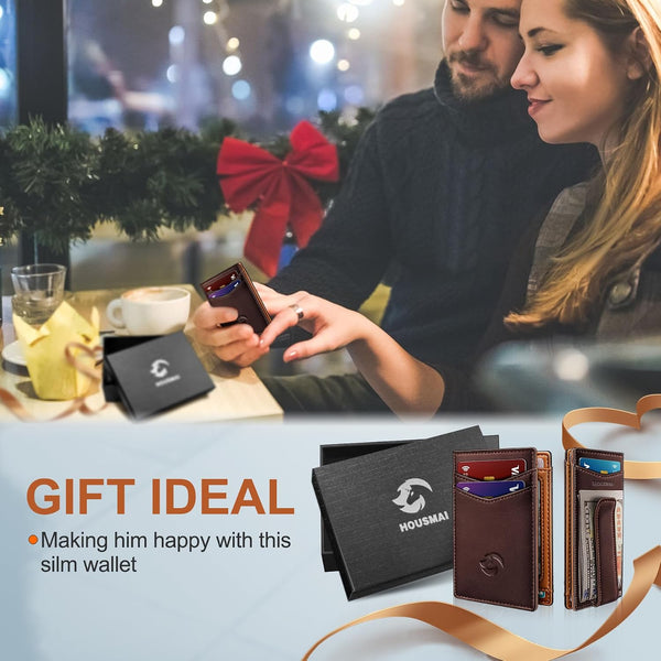 Magnetic Closure Slim Wallet for Men with Money Clip Gift Boxed,Genuine Leather Front Pocket Wallet, 3.9"X 2.7", RFID Blocking