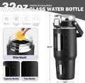 BLUEGO 32Oz Glass Water Bottle with Handle and Straw|Leakproof Sports Glass Bottle with Time Marker and Silicone Sleeve|Glass Drinking Bottle for
