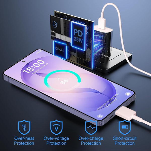 Super Fast Charger Type C, 25W USB C Wall Charger Fast Charging 6.6FT Cable Pink 6.6FT