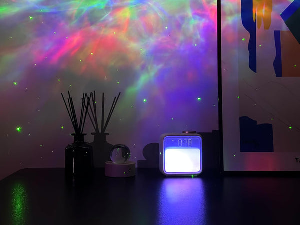 AIRIVO Alarm Clock Night Lights, Built-in Battery Alarm Clock for Bedrooms, 6 Scenes & White Noise Sync, Dual Alarms & Snooze, for Heavy Sleepers,