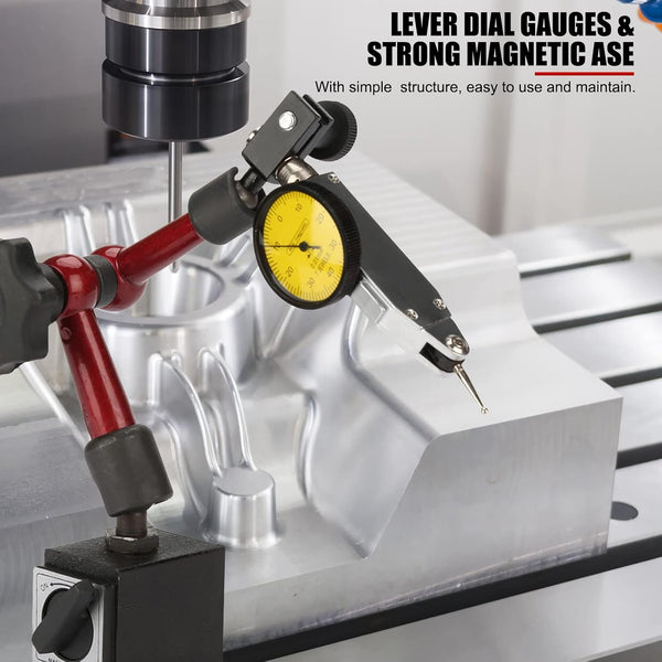 0 to 0.8mm Lever Type Test Indicator with Magnetic Base Set, 32mm Dial Diameter with Rotating Bezel and 200mm Flexible Adjustable Arm