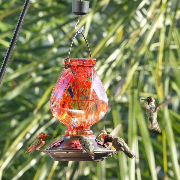 BOLITE Hummingbird Feeders for Outdoors Hanging, Hand Blown, Red, 22oz | Glass Hummingbird Feeder with Ant Moat, 5 Bee-Proof Ports, Leak-Proof,