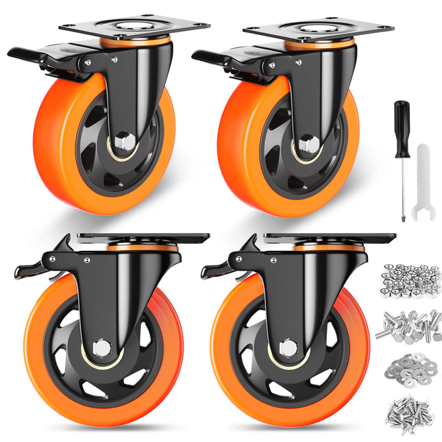 4 Inch Caster Wheels, Casters Set of 4, Heavy Duty Casters with Brake 2200 Lbs, Locking Industrial Swivel Top Plate Cast