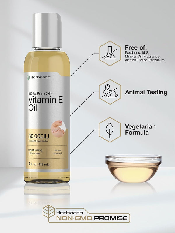 Horbäach Vitamin E Oil For Skin and Face | 4 fl oz | 100% Pure Oils | Moisturizing Skin Care | Non-GMO, Vegetarian | Lemon Scented