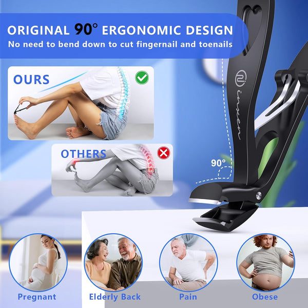 Toenail Clippers for Thick Nails for Seniors| INXEN 3-Pack Ergonomic Heavy Duty Angled Head Nail Clippers with Catcher | Premium Steel Wide