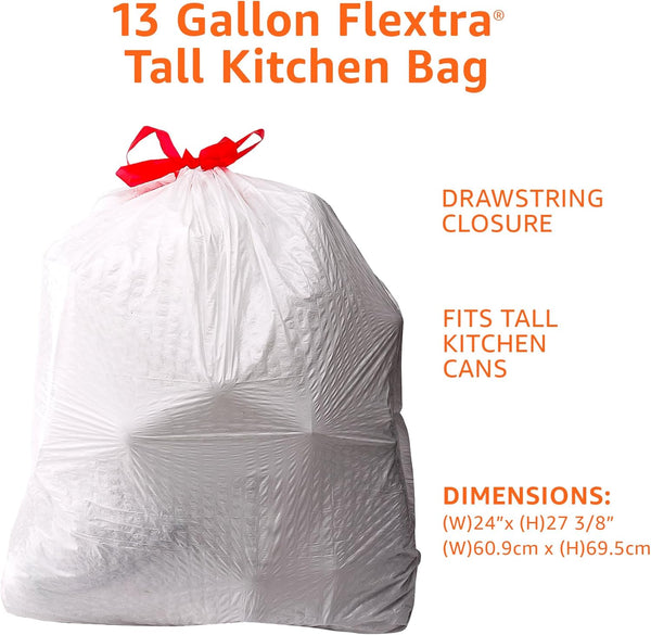 Amazon Basics 13 Gallon Tall Kitchen Drawstring Trash Bags, Flextra Strength, Tear Resistant, 10% Post Consumer Recycled, 90 Count, White