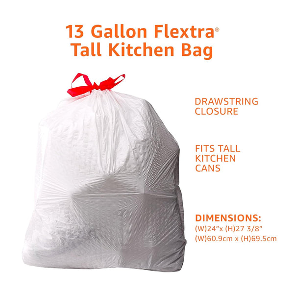 Amazon Basics Flextra Strength Tall Kitchen Drawstring Trash Bags, Fresh Scent, Tear Resistant, 13 Gallon, 120 Count 120 Count (Pack of 1)