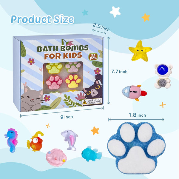 Bath Bombs for Kids with Surprise Inside, 32 Pack Paw Bath Bombs with Toy, Ocean Animals and Space Planet Toys SPA Fizzy Handmade Natural Bath