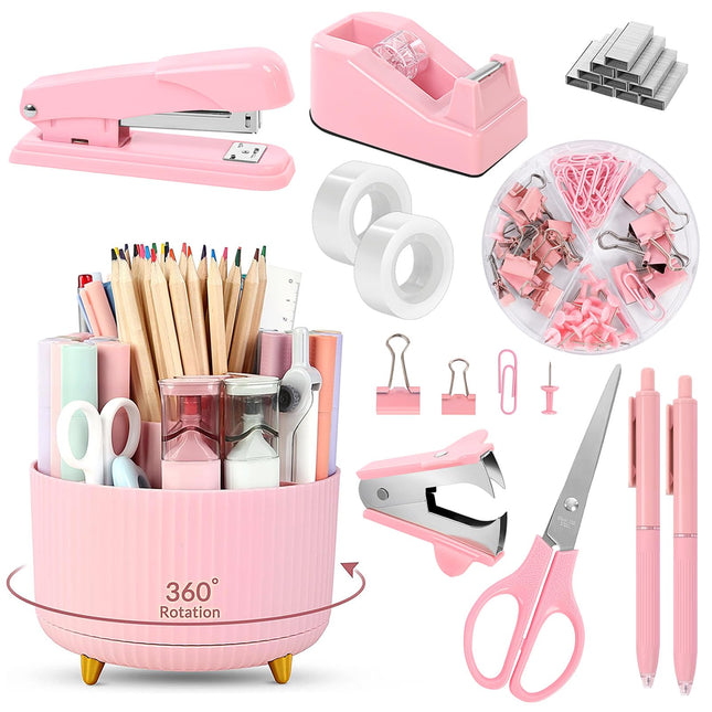 SKYDUE Pink Desk Accessories 10Pcs, 360-Degree Rotating Pen Holder, Stapler, Sta