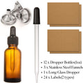 12 pcs, 1 oz Amber Dropper Bottles w/ 3 Stainless Steel Funnels & 1 Long Glass Dropper - 30ml Glass Bottles with Eye Droppers, Leakproof Essential